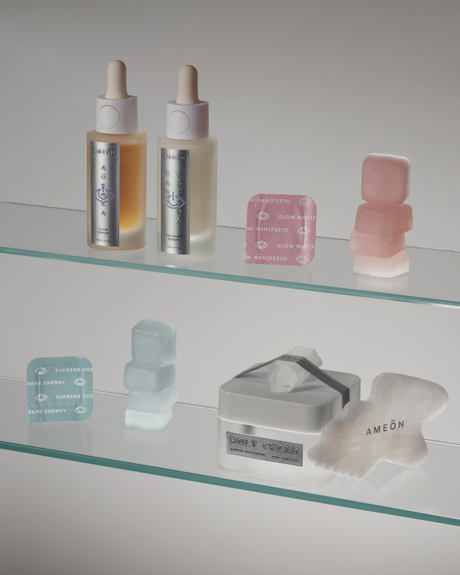 ameōn product shelf with serums, sachets and crystals